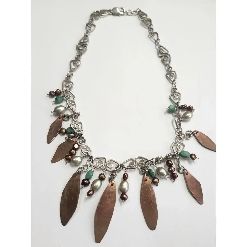 Sterling Silver Necklace Copper Leaf with Pearls and Faceted Turquoise Beads